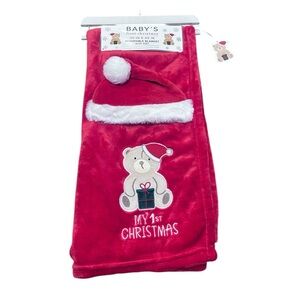 Baby's First Christmas Red Blanket with Bear Design
